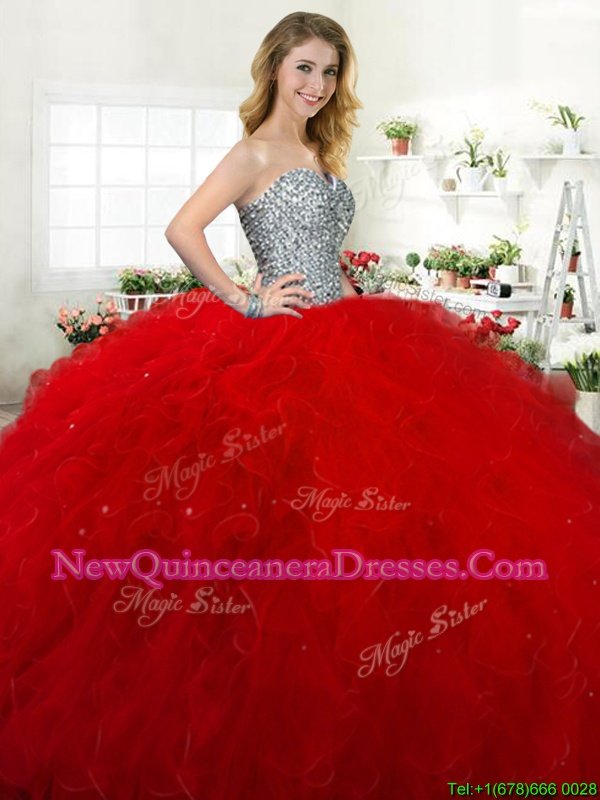 Latest Red Sweetheart Neckline Beading and Ruffles Quinceanera Dresses Sleeveless Lace Up