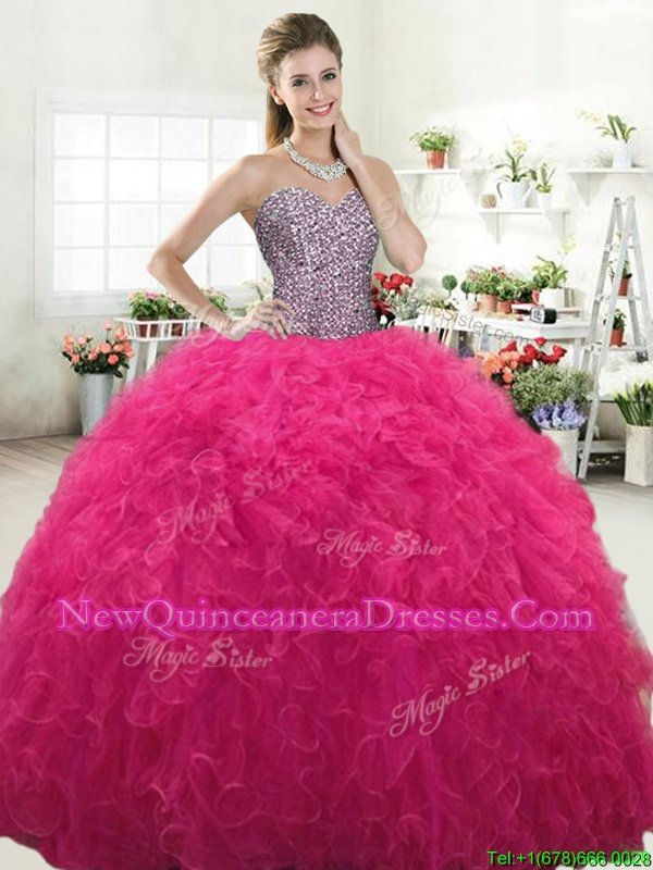 High End Hot Pink Sweetheart Lace Up Beading and Ruffles 15 Quinceanera Dress Sleeveless