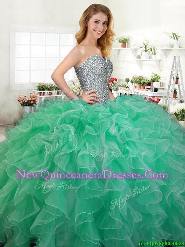 Elegant Green Organza Lace Up Sweetheart Sleeveless Floor Length 15 Quinceanera Dress Beading and Ruffles