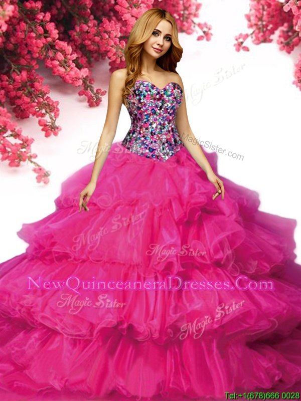 Cheap Fuchsia Organza Lace Up 15th Birthday Dress Sleeveless Floor Length Beading and Ruffled Layers