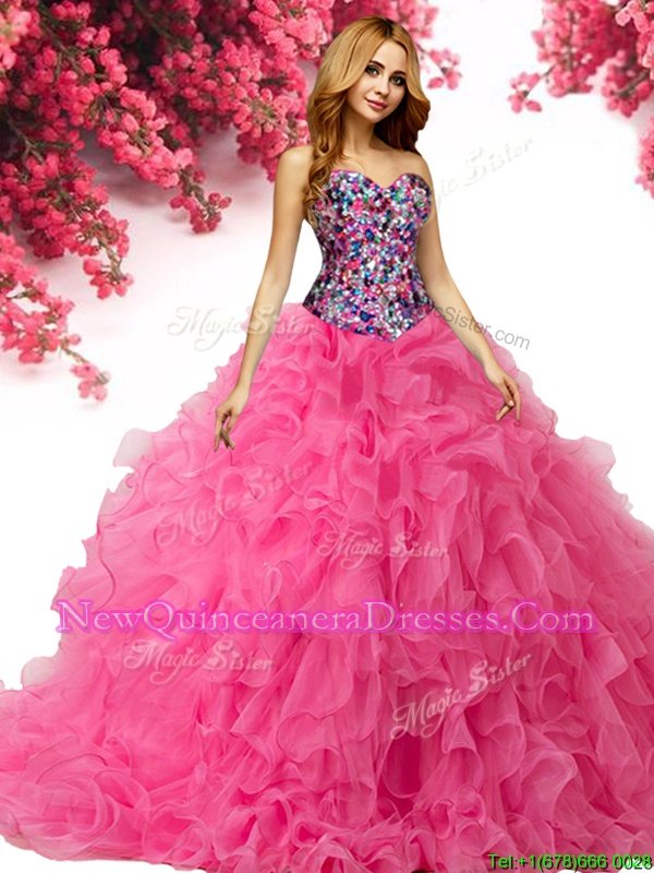 Beauteous Hot Pink Ball Gowns Sweetheart Sleeveless Organza Floor Length Lace Up Beading and Ruffles Vestidos de Quinceanera