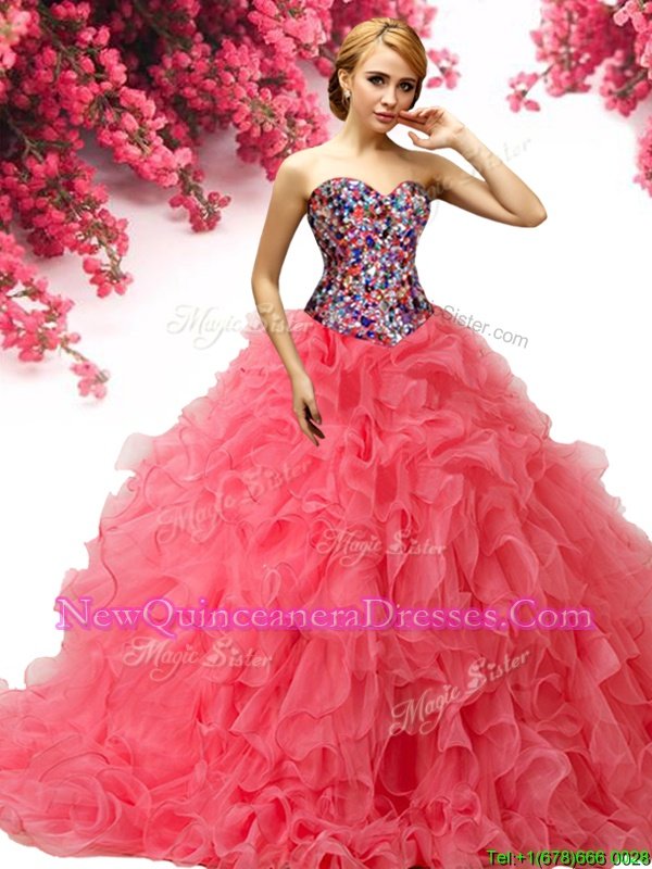 Classical Coral Red Sweetheart Neckline Beading and Ruffles 15 Quinceanera Dress Sleeveless Lace Up