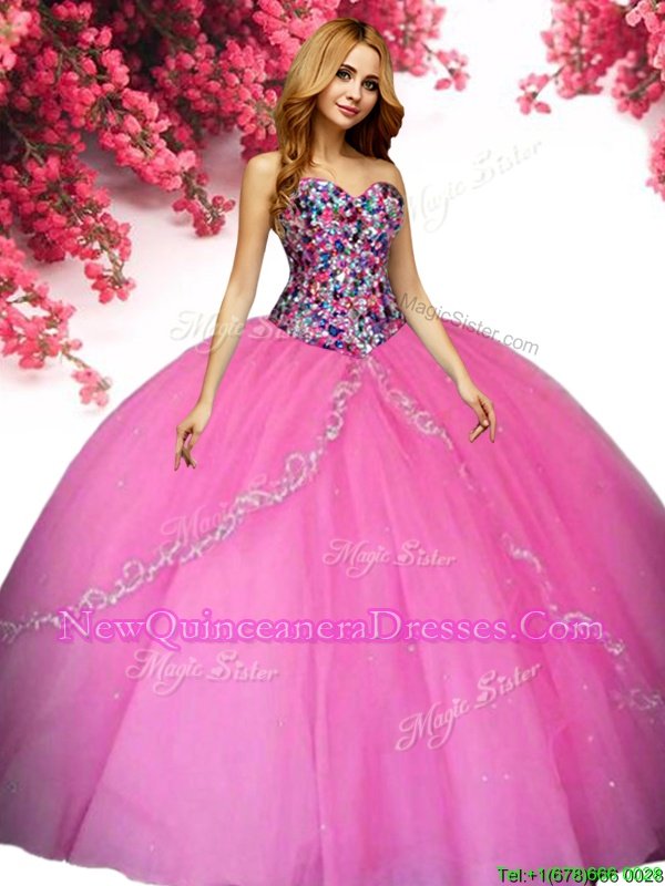 Customized Hot Pink Ball Gowns Tulle Sweetheart Sleeveless Beading Floor Length Lace Up Vestidos de Quinceanera