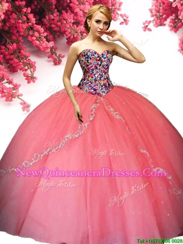 Trendy Spring and Summer and Fall and Winter Tulle Sleeveless Floor Length Quinceanera Dress andBeading