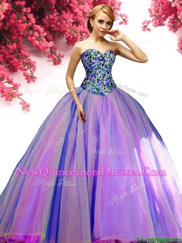 Fashion Multi-color Tulle Lace Up Quinceanera Gown Sleeveless Floor Length Beading