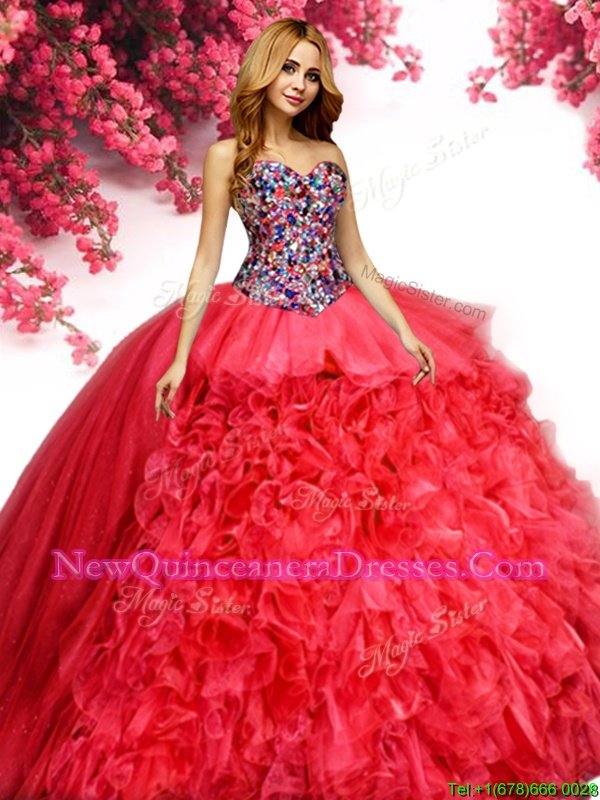 Suitable Sleeveless Lace Up Floor Length Beading and Ruffles Quinceanera Gowns