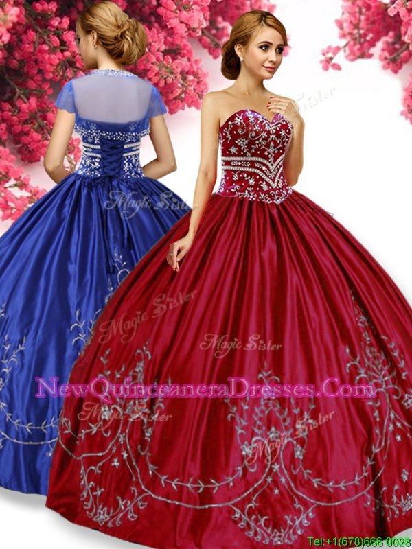 High Class Sleeveless Taffeta Floor Length Lace Up Sweet 16 Dresses inWine Red withEmbroidery