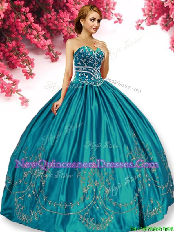 Clearance Floor Length Turquoise 15 Quinceanera Dress Taffeta Sleeveless Spring and Summer and Fall and Winter Embroidery