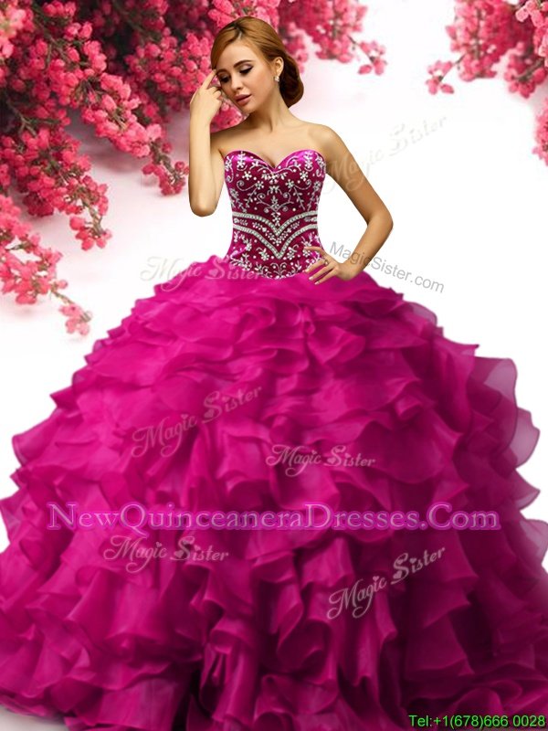 Dynamic Ball Gowns Quince Ball Gowns Fuchsia Sweetheart Organza Sleeveless Floor Length Lace Up