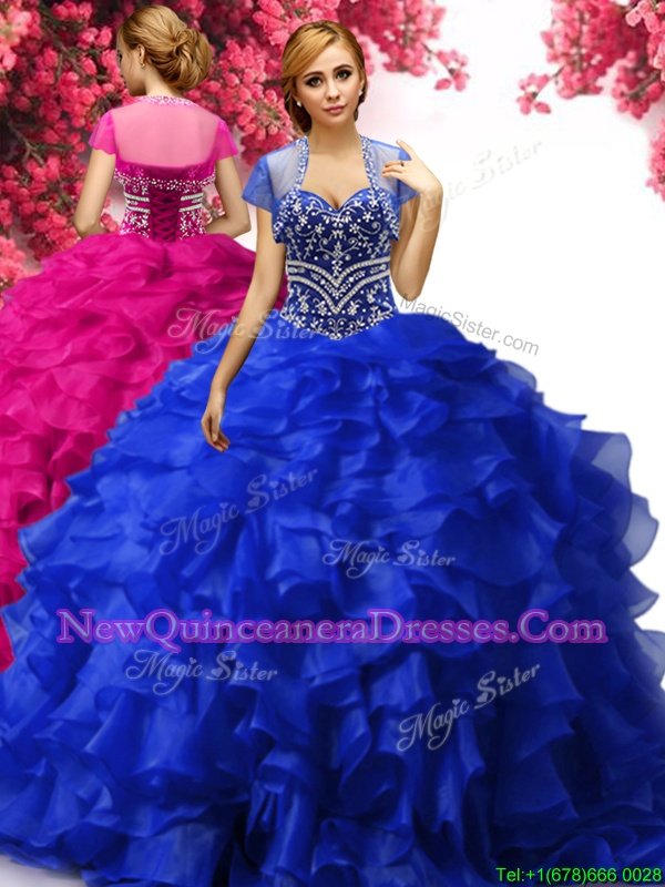 Shining Ball Gowns Sweet 16 Quinceanera Dress Royal Blue Sweetheart Organza Sleeveless Floor Length Lace Up