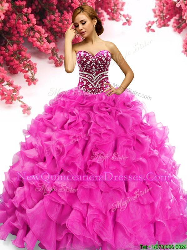 Deluxe Spring and Summer and Fall and Winter Organza Sleeveless 15 Quinceanera Dress Sweep Train andBeading and Ruffles