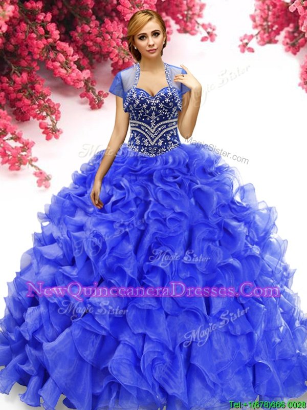 Hot Sale Royal Blue Lace Up Sweet 16 Quinceanera Dress Beading and Ruffles Sleeveless Floor Length