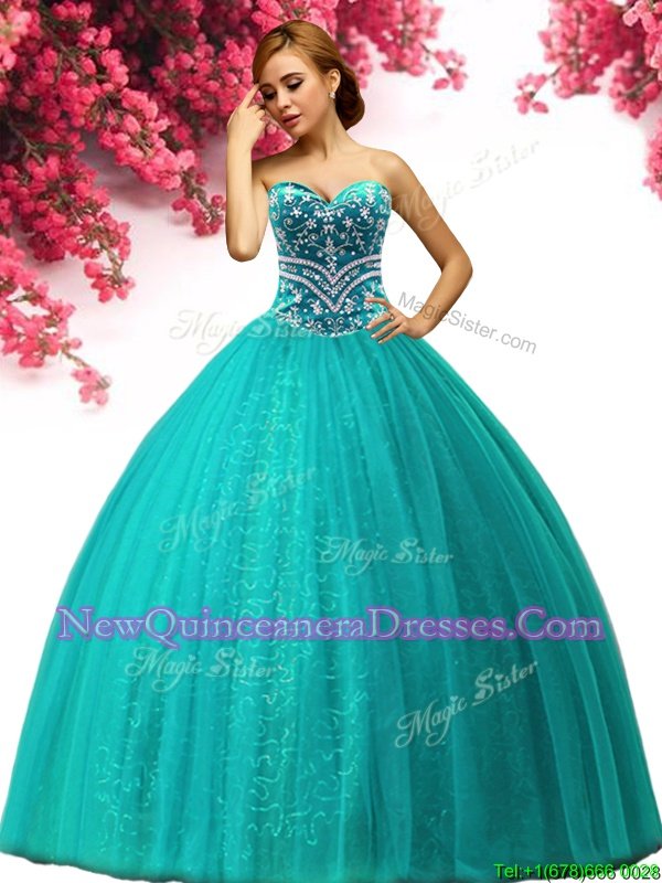 Popular Sleeveless Floor Length Beading Lace Up Vestidos de Quinceanera with Turquoise