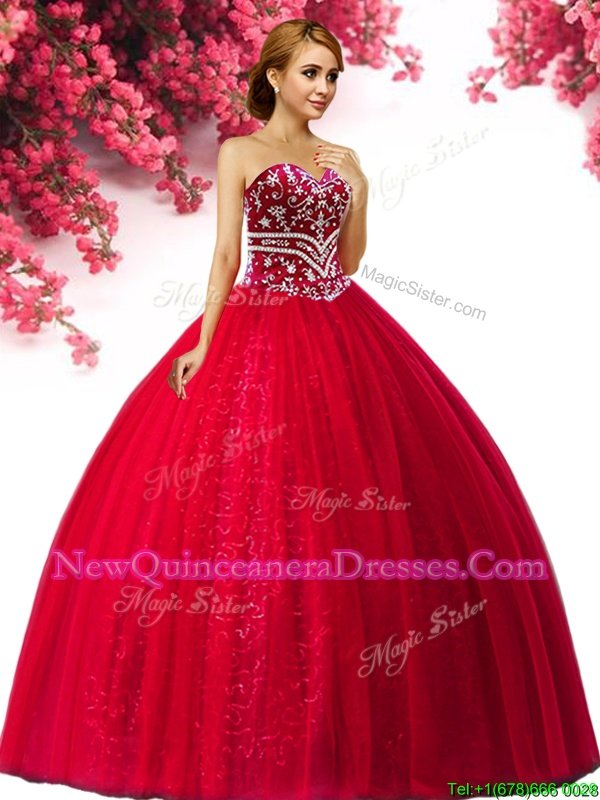 Hot Selling Ball Gowns Sweet 16 Quinceanera Dress Red Sweetheart Tulle Sleeveless Floor Length Lace Up