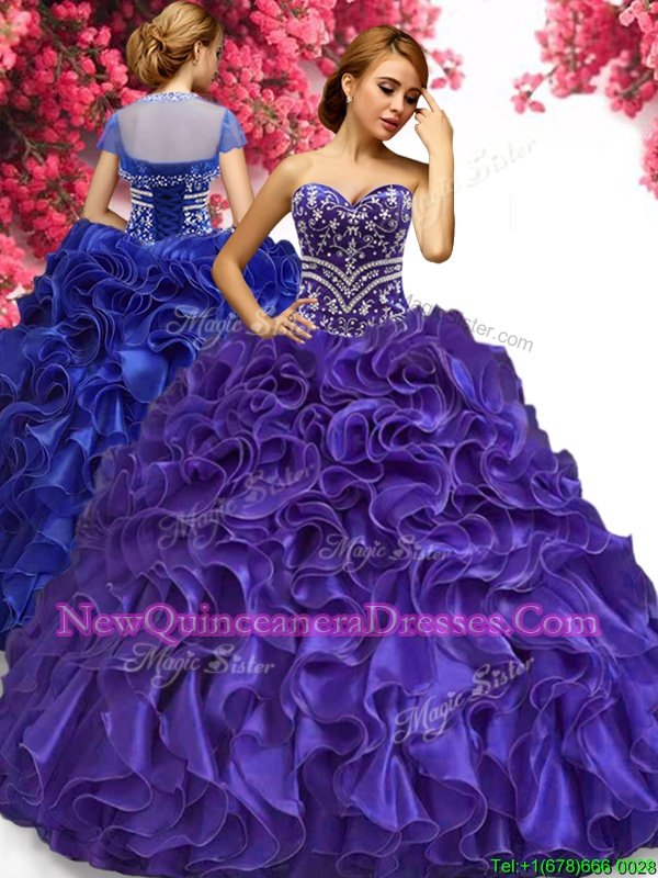 Enchanting Purple Organza Lace Up Sweetheart Sleeveless Floor Length Sweet 16 Dresses Beading and Ruffles