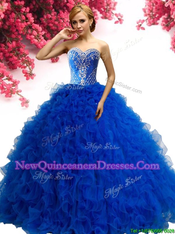 Nice Royal Blue Sweetheart Neckline Beading and Ruffles Sweet 16 Quinceanera Dress Sleeveless Lace Up