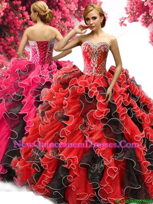 Red And Black Organza Lace Up Sweetheart Sleeveless Floor Length 15th Birthday Dress Beading and Ruffles