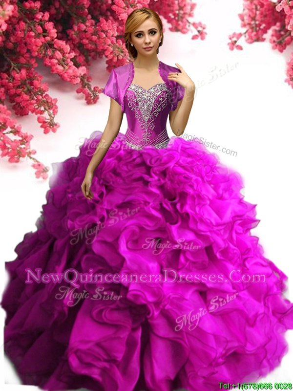 Fuchsia Organza Lace Up 15th Birthday Dress Sleeveless Floor Length Beading and Ruffles