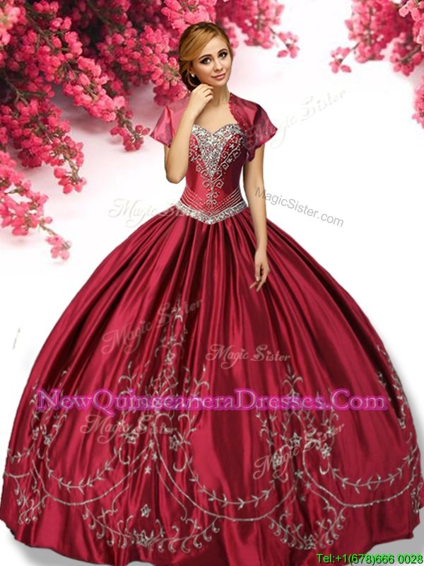 Custom Fit Wine Red Sleeveless Floor Length Embroidery Lace Up Quinceanera Dress