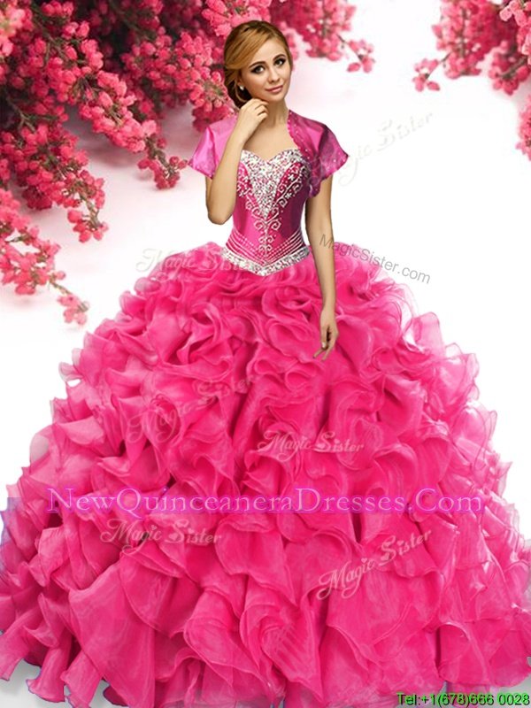 Latest Sweep Train Ball Gowns Sweet 16 Dress Hot Pink Sweetheart Organza Sleeveless With Train Lace Up