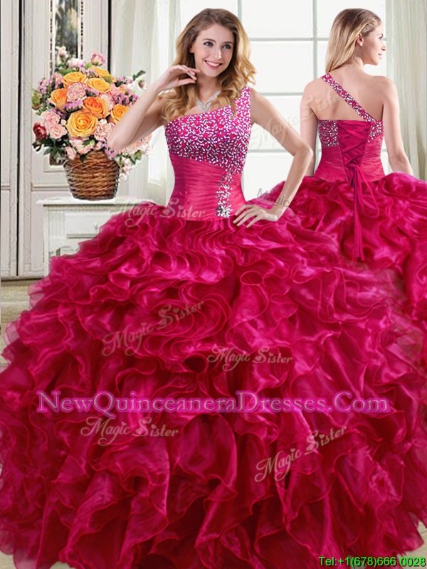 Fantastic One Shoulder Sleeveless Floor Length Beading and Ruffles Lace Up 15 Quinceanera Dress with Fuchsia