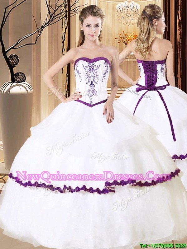 New Arrival White And Purple Sleeveless Floor Length Embroidery Lace Up Sweet 16 Quinceanera Dress