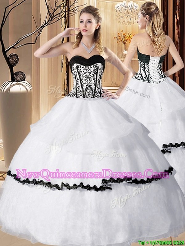 Custom Fit Sleeveless Floor Length Embroidery and Ruffled Layers Lace Up Quinceanera Gown with White