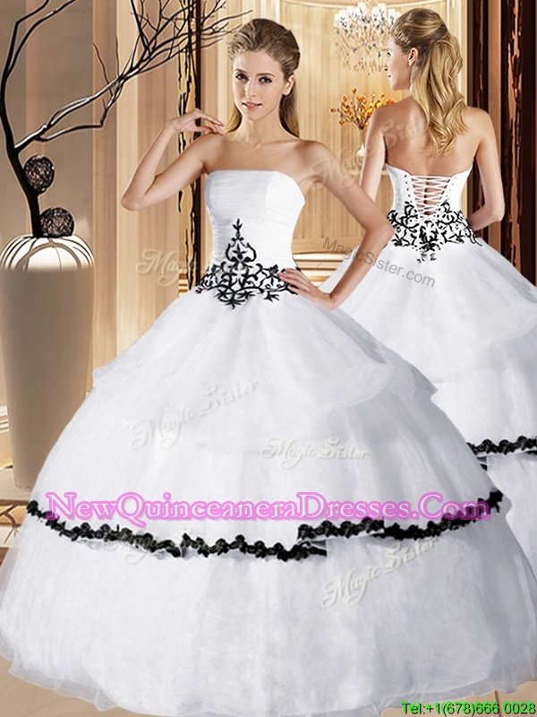 Classical Ruffled Ball Gowns 15th Birthday Dress White Strapless Organza Sleeveless Floor Length Lace Up