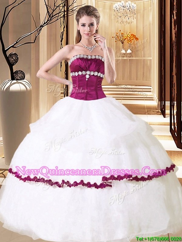 Customized Organza Strapless Sleeveless Lace Up Beading Sweet 16 Dresses in White and Eggplant Purple