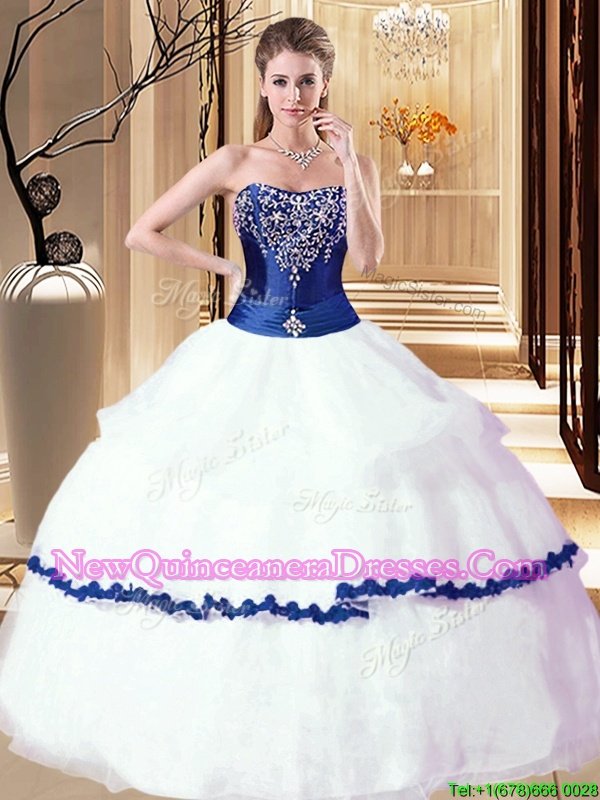 Sweet White and Royal Blue Organza Lace Up Strapless Sleeveless Floor Length Quince Ball Gowns Beading and Ruffled Layers