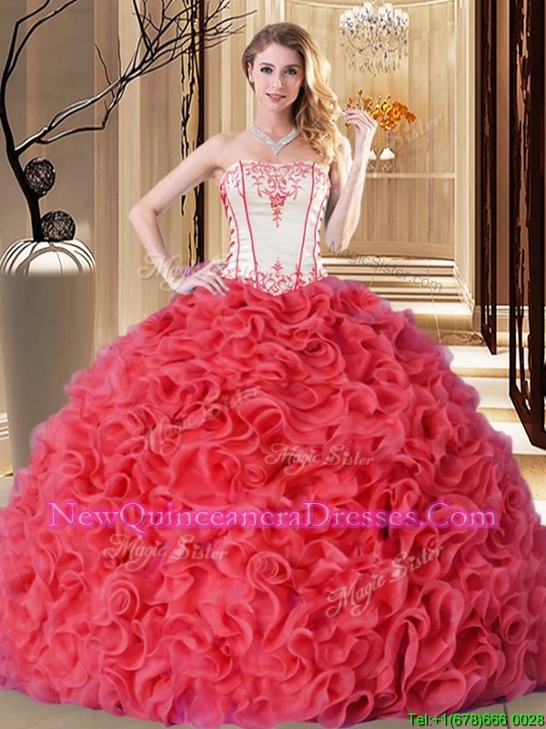 Stylish Coral Red Fabric With Rolling Flowers Lace Up Vestidos de Quinceanera Sleeveless Floor Length Embroidery and Ruffles