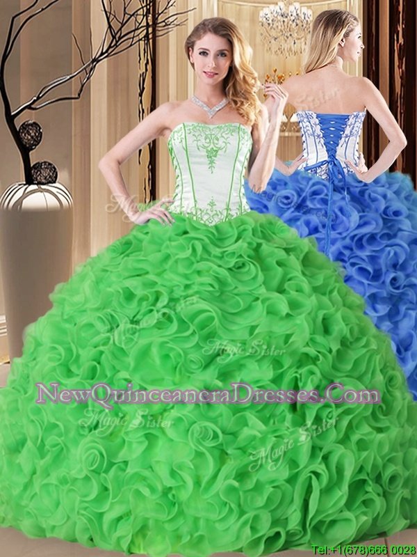 Discount Strapless Sleeveless Fabric With Rolling Flowers Ball Gown Prom Dress Embroidery and Ruffles Lace Up