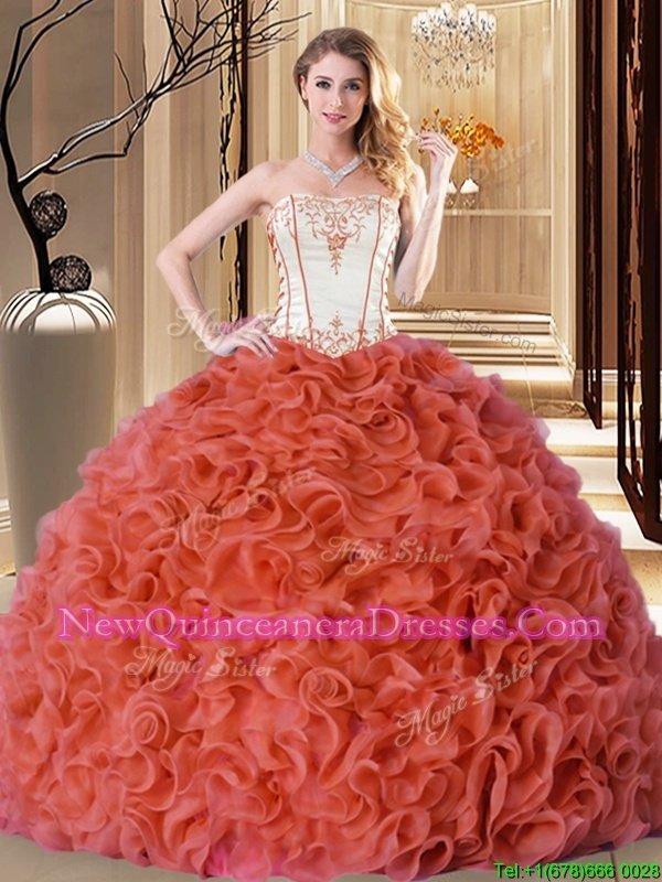 Fantastic Embroidery and Ruffles Sweet 16 Dress Orange Lace Up Sleeveless Floor Length