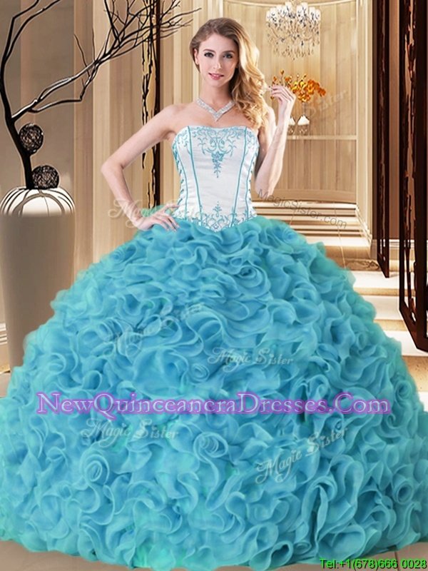 Lovely Aqua Blue Strapless Neckline Embroidery and Ruffles Quinceanera Dress Sleeveless Lace Up