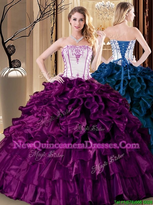 Enchanting Purple Ball Gowns Organza Strapless Sleeveless Pick Ups Floor Length Lace Up Vestidos de Quinceanera