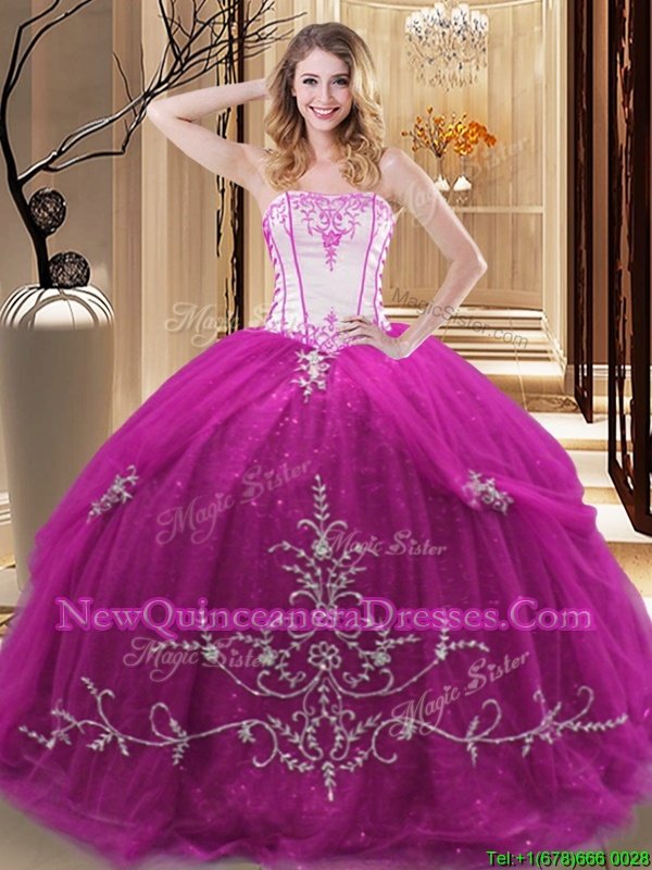 Fabulous Sleeveless Floor Length Embroidery Lace Up 15th Birthday Dress with Fuchsia