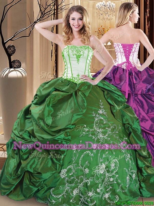 Modest Green Sleeveless Embroidery Floor Length Ball Gown Prom Dress