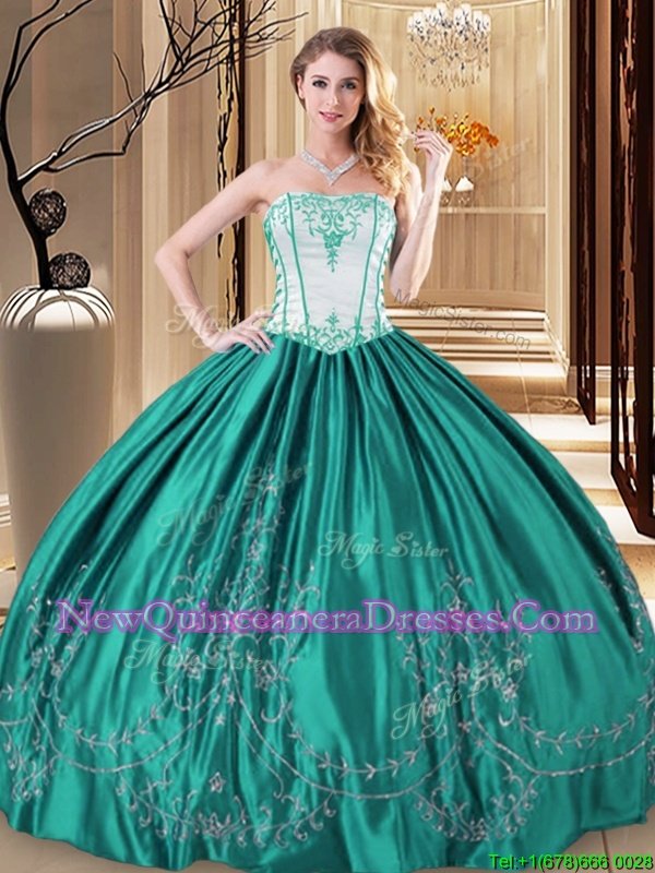 Top Selling Turquoise Taffeta Lace Up Strapless Sleeveless Floor Length Quinceanera Gowns Embroidery