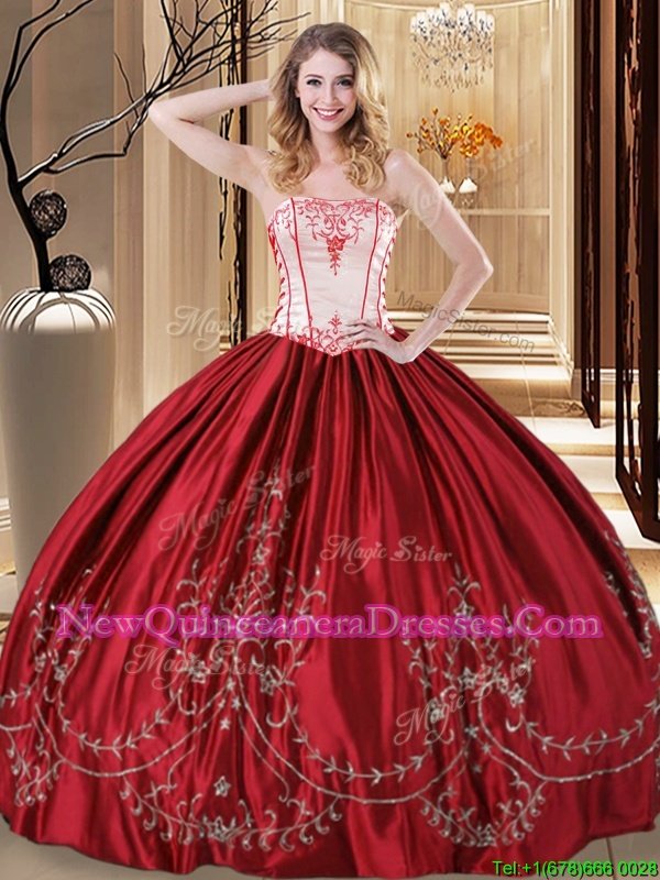 Hot Selling Floor Length Wine Red Sweet 16 Quinceanera Dress Taffeta Sleeveless Embroidery