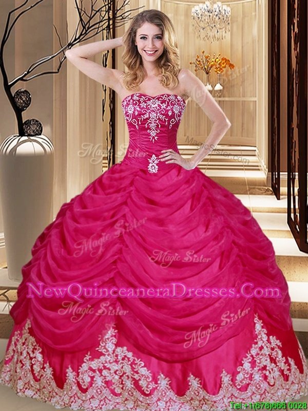 Shining Appliques and Embroidery and Pick Ups Quinceanera Dresses Hot Pink Lace Up Sleeveless Floor Length