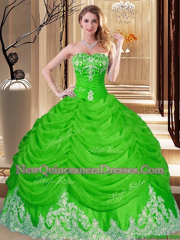 Popular Sweetheart Sleeveless 15 Quinceanera Dress Floor Length Lace and Appliques Spring Green Tulle