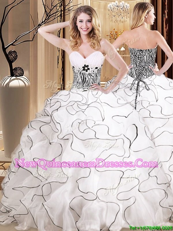 Fine White And Black Sleeveless Floor Length Ruffles Lace Up Quinceanera Dress